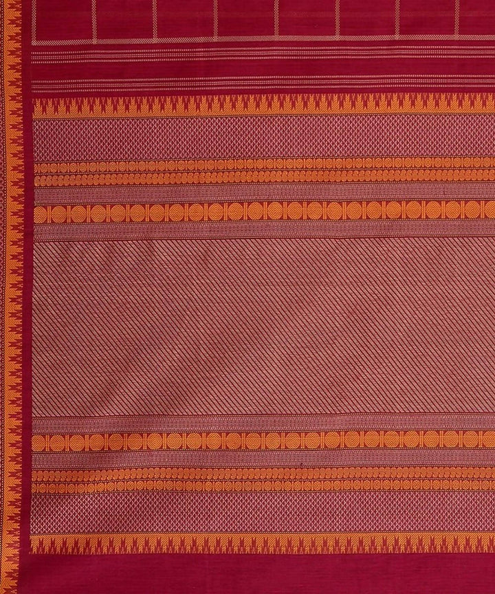 Dark red handloom kanchi cotton saree checks and broad lace border