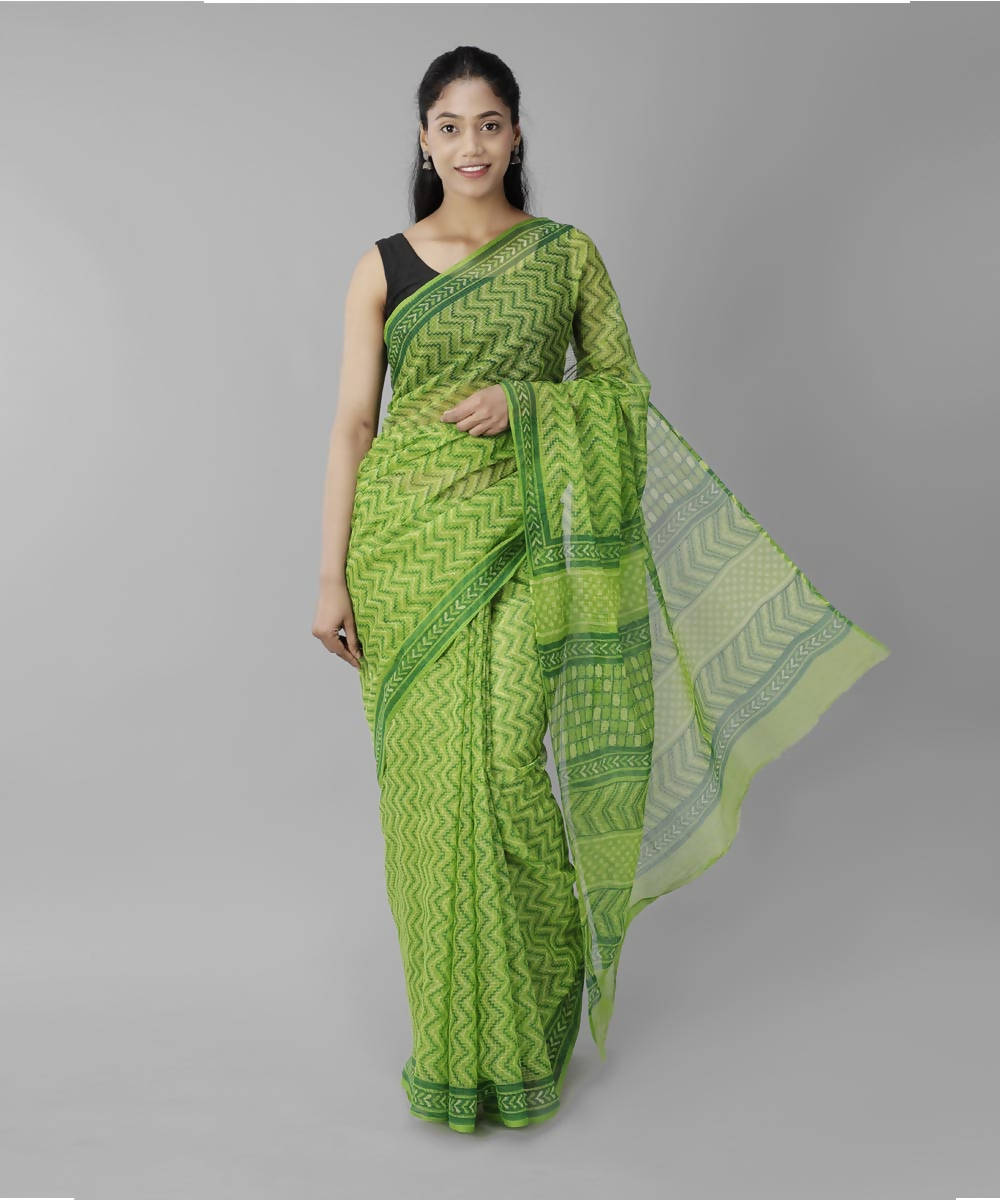 Green bagru handblock printed cotton saree