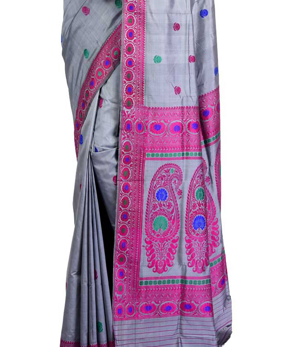Grey purple handwoven baluchari silk saree