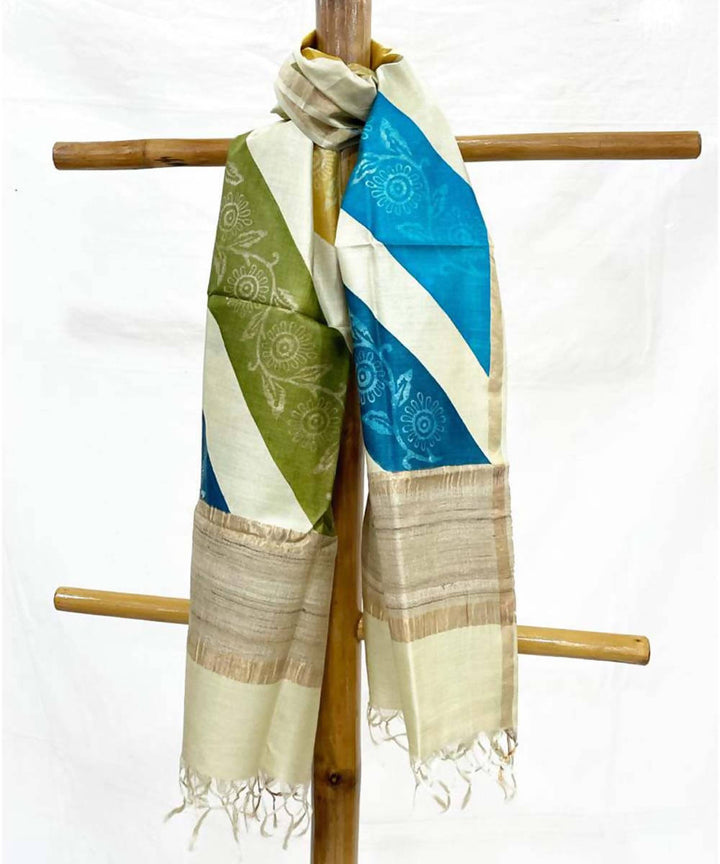 Blue green and yellow handwoven block printed tussar silk stole