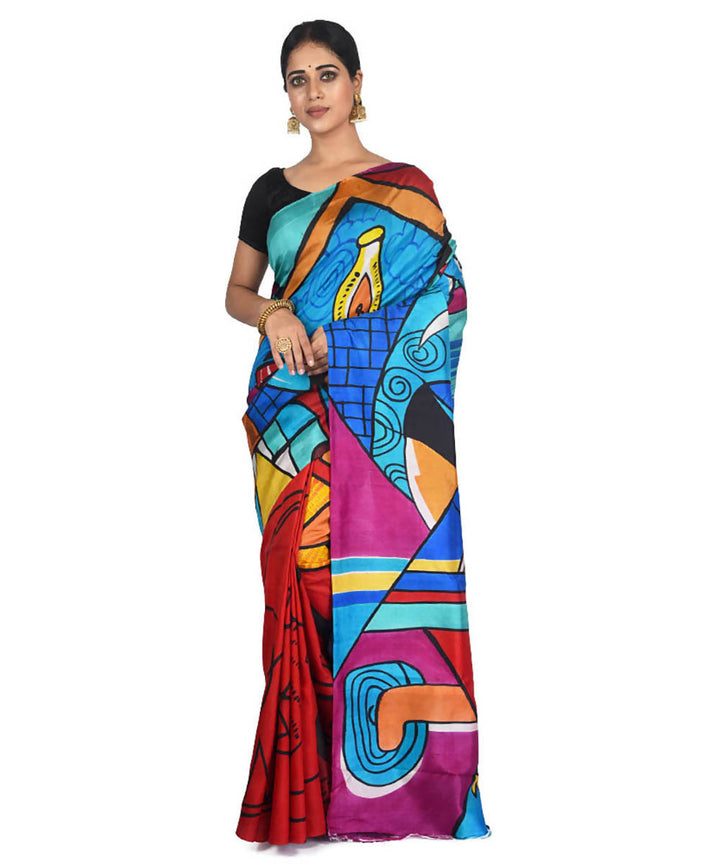 Multicolor hand painted handwoven mulberry silk saree