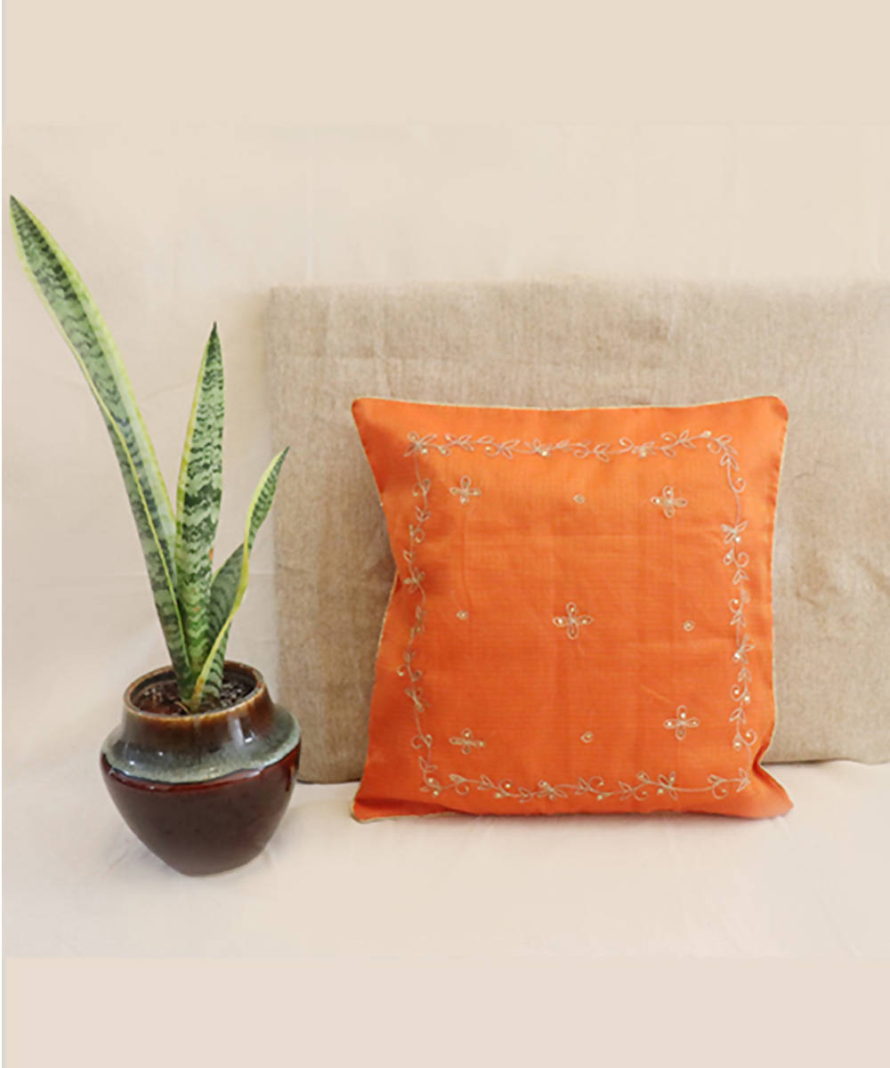 Saffron hand embroidered kota festive cushion cover