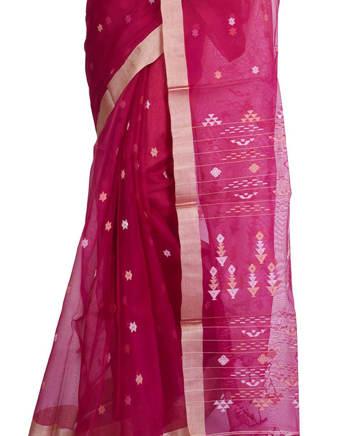 Magenta pink bengal handloom mulberry silk jamdani saree
