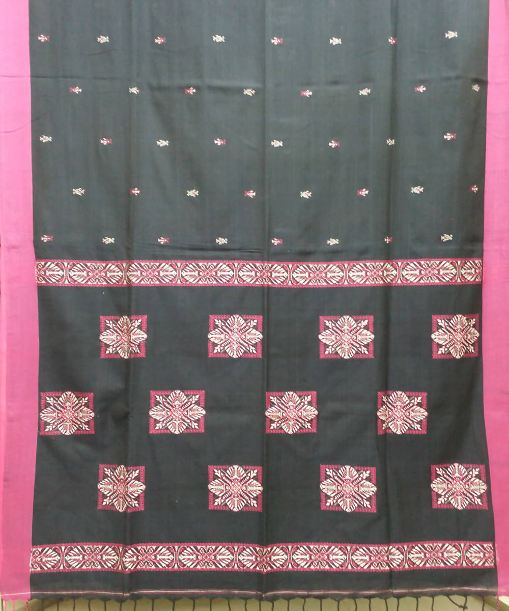 Black Pink Cotton Handspun Handwoven Saree