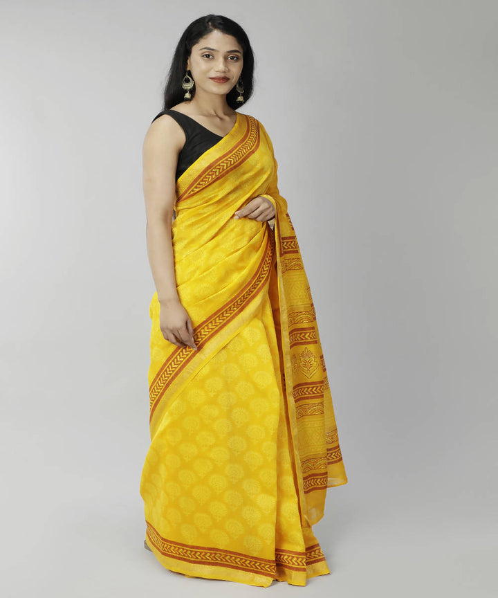 Sun yellow bagru handblock printed cotton silk saree