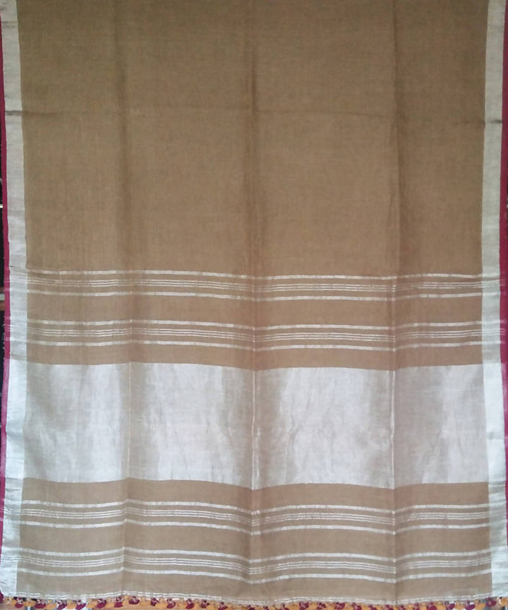 Brown and silver zari handwoven linen saree