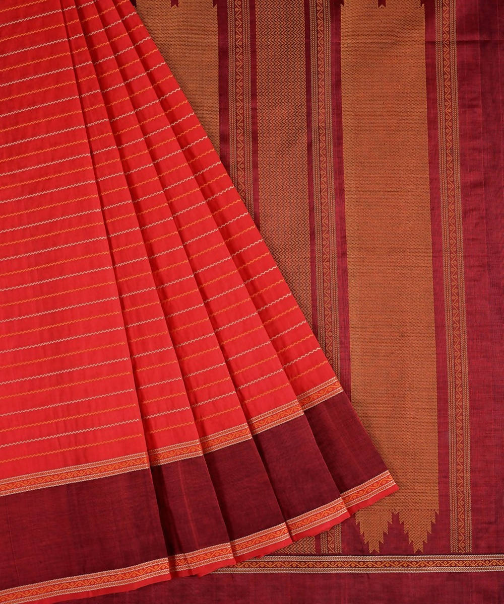 Red kanjivaram silk cotton thread work veldhari stripe saree