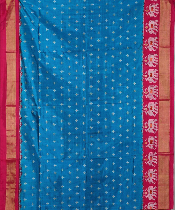 Blue and pink handwoven silk ikkat pochampally saree