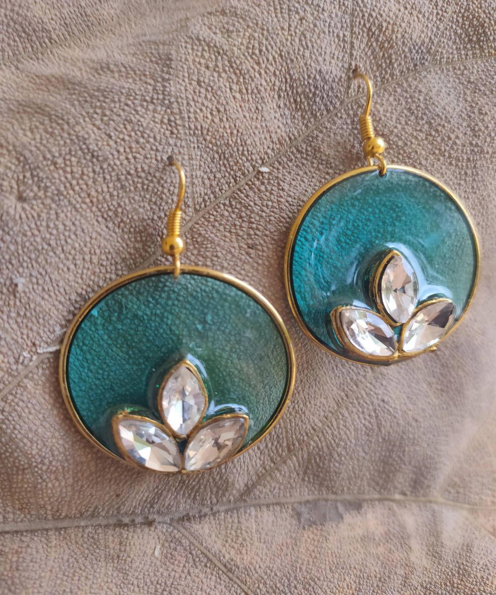 handcrafted cyan round enamel floral earring drops