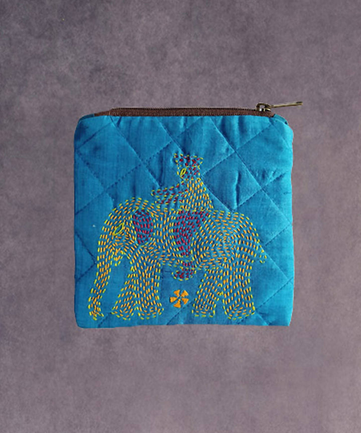 Sky blue hand made kantha stitch silk coin purse
