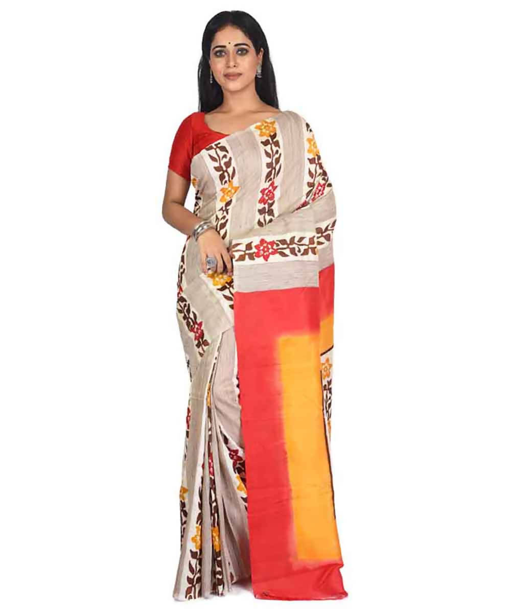 Beige floral handloom silk with tussar ketia stripe saree