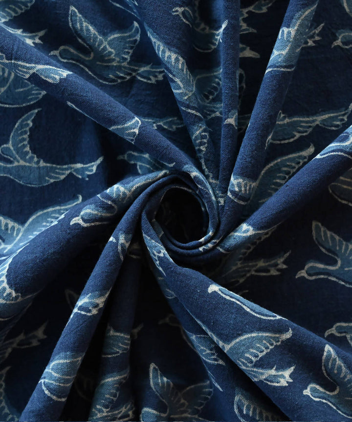 Dark indigo hand blockprint handspun handwoven cotton fabric