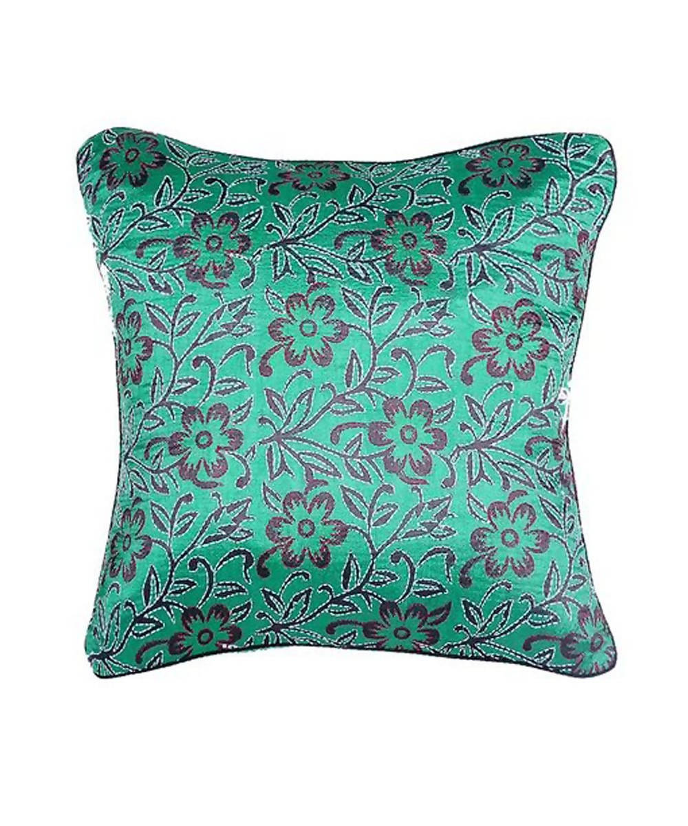 Green kantha stitch hand embroidery tussar silk cushion cover