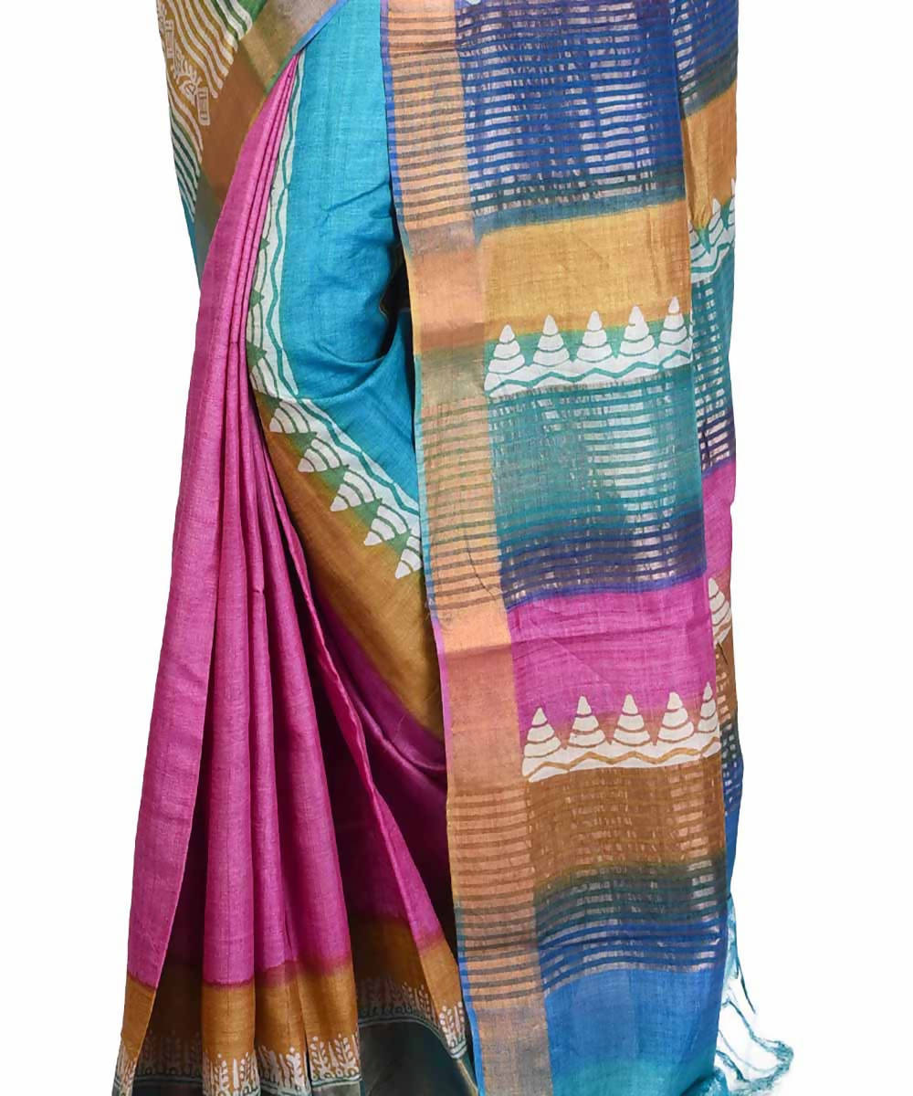 Multicolor stripe block print handwoven mulberry and tussar silk saree