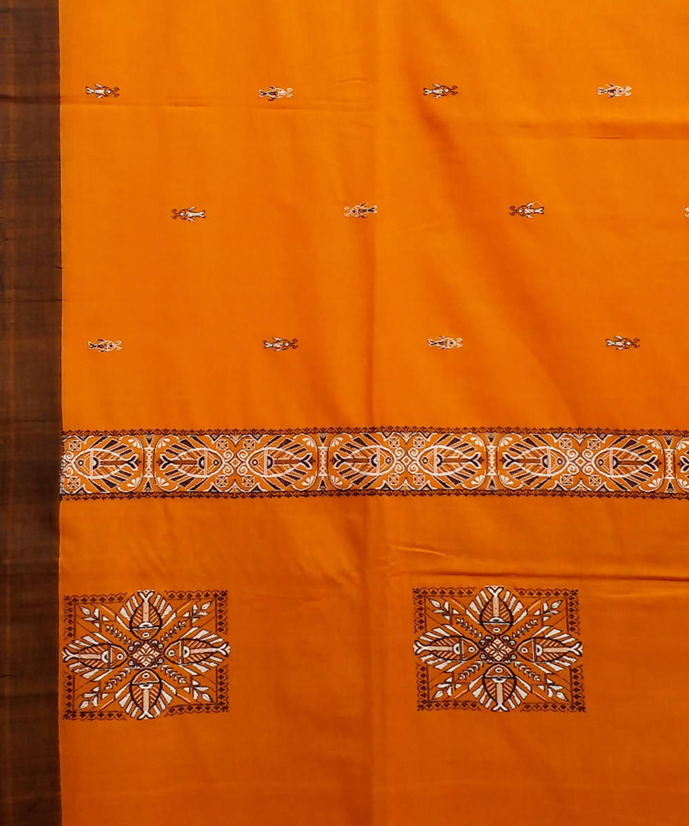 Orange Black Handspun Handloom Cotton Saree
