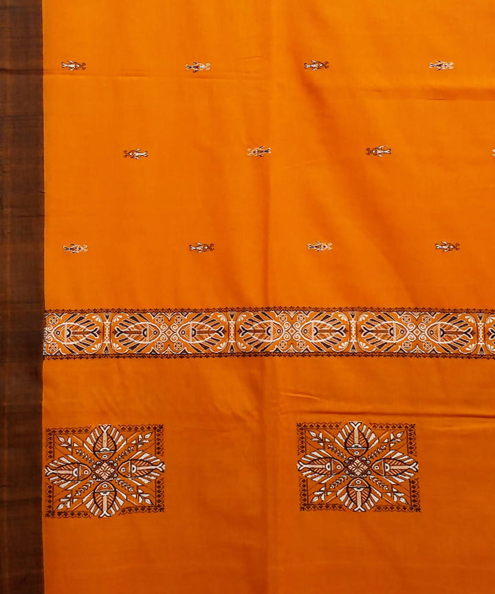 Orange Black Handspun Handloom Cotton Saree
