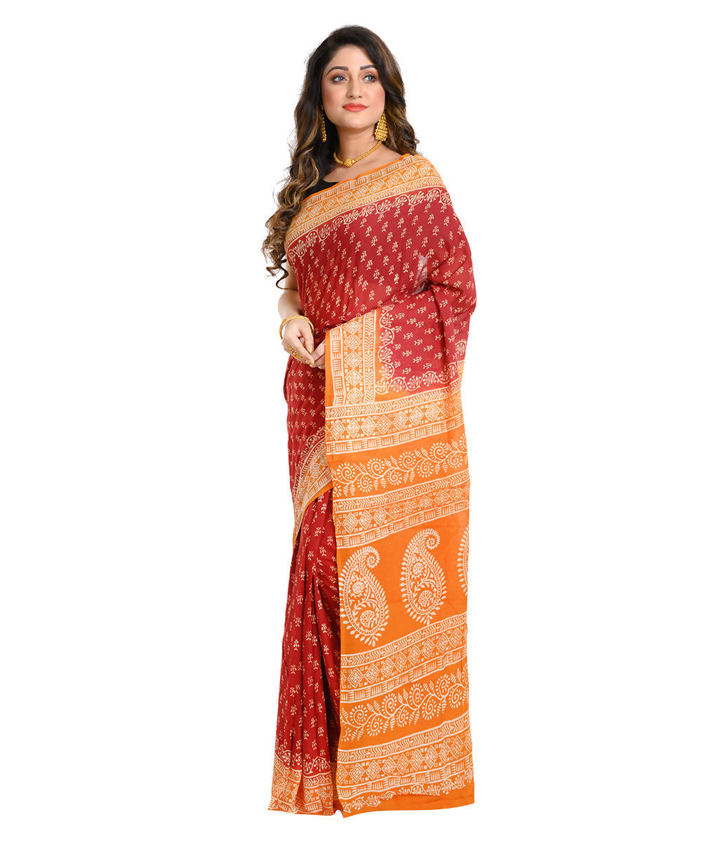 Brown orange hand block print cotton bengal saree