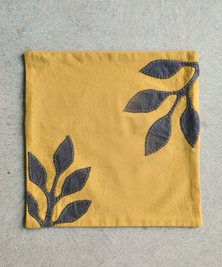 Mustard handwoven kantha stitch cotton cushion cover