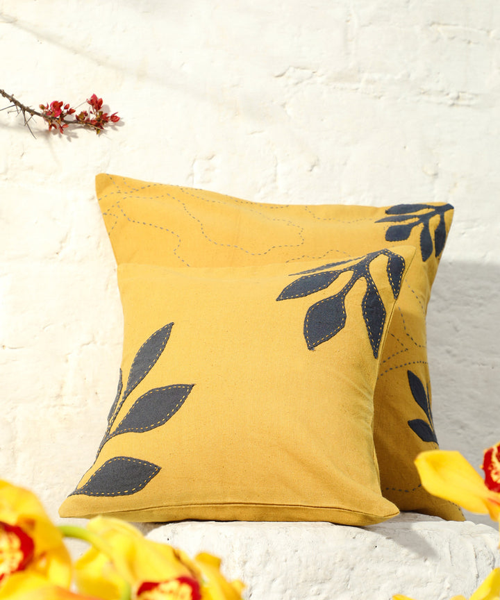 Mustard handwoven kantha stitch cotton cushion cover