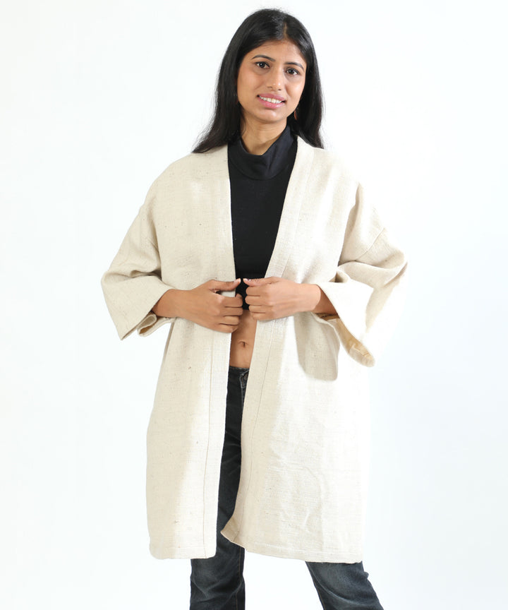 Offwhite handwoven woollen long jacket with bolero sleeve