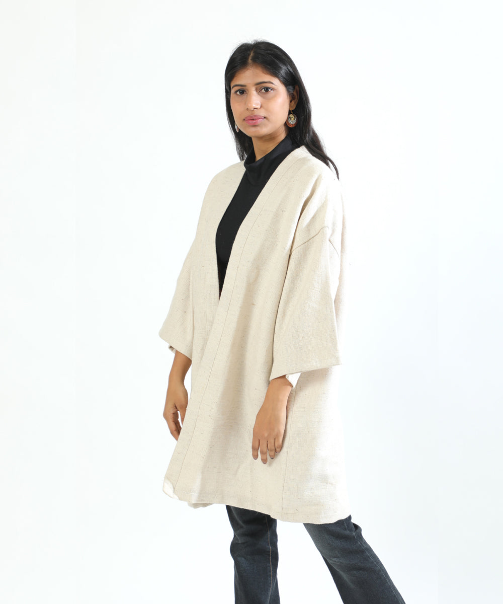 Offwhite handwoven woollen long jacket with bolero sleeve
