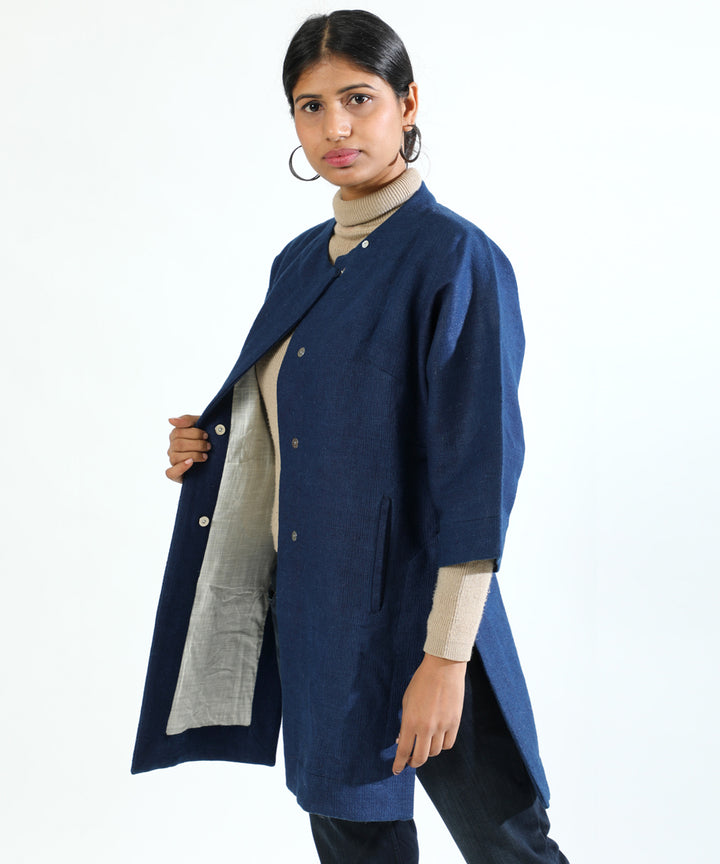 Indigo handwoven woollen long overlap jacket