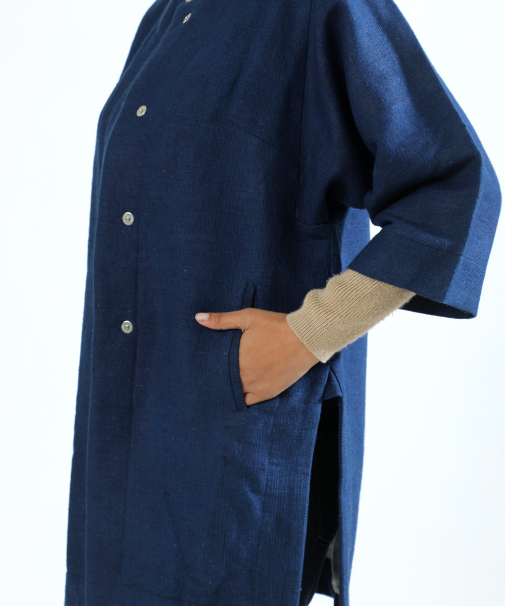 Indigo handwoven woollen long overlap jacket