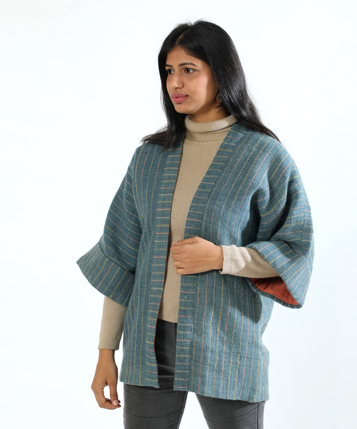 Blue handwoven woollen short jacket with kimono sleeve