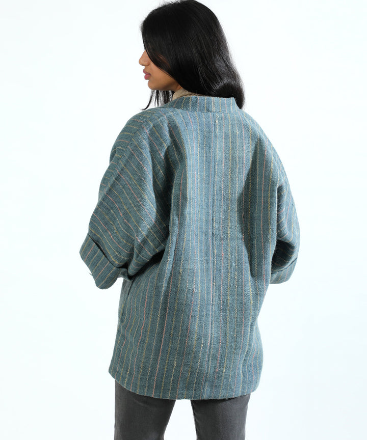 Blue handwoven woollen short jacket with kimono sleeve