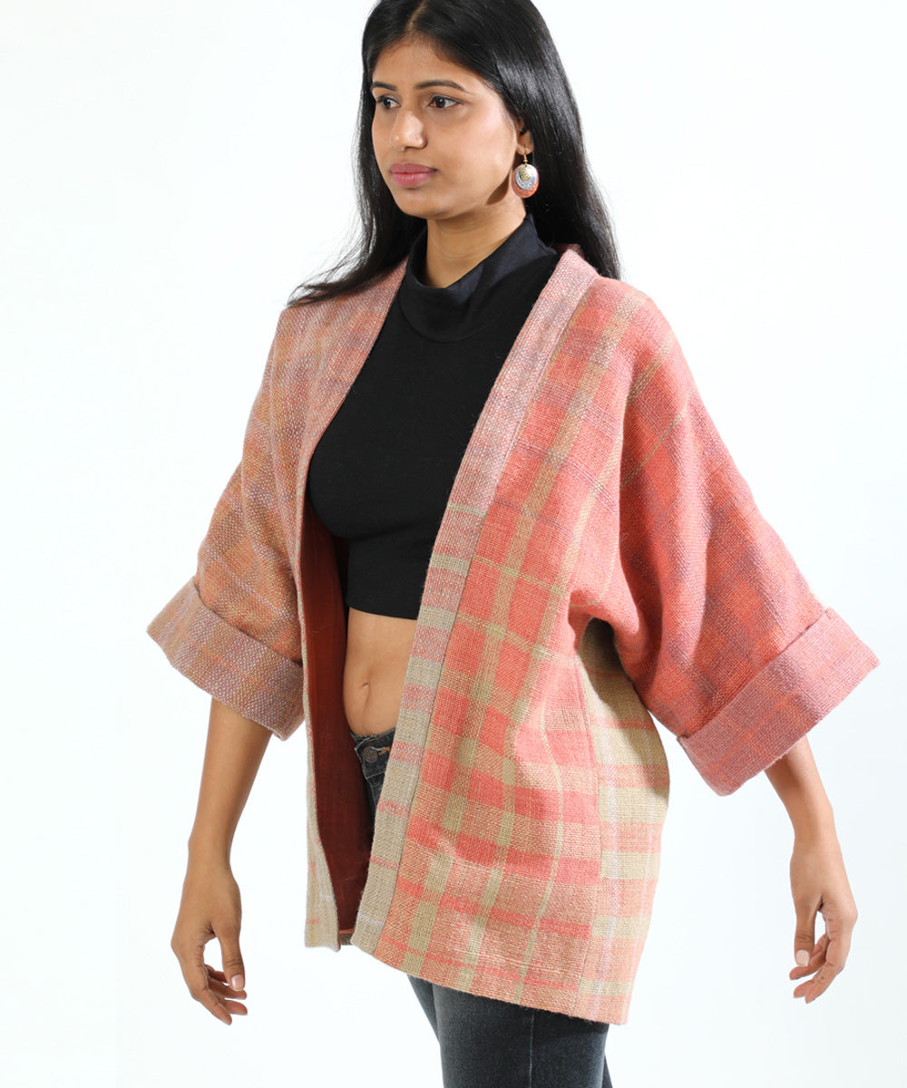 Pink handwoven woollen short jacket with kimono sleeve