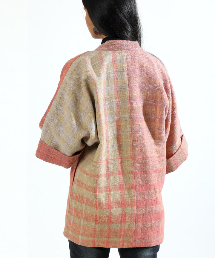 Pink handwoven woollen short jacket with kimono sleeve