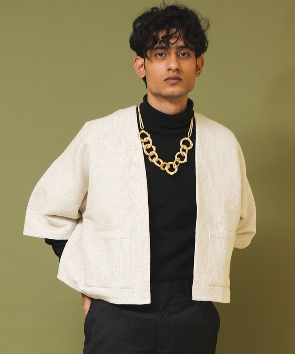 Offwhite handwoven unisex woollen jacket with pockets