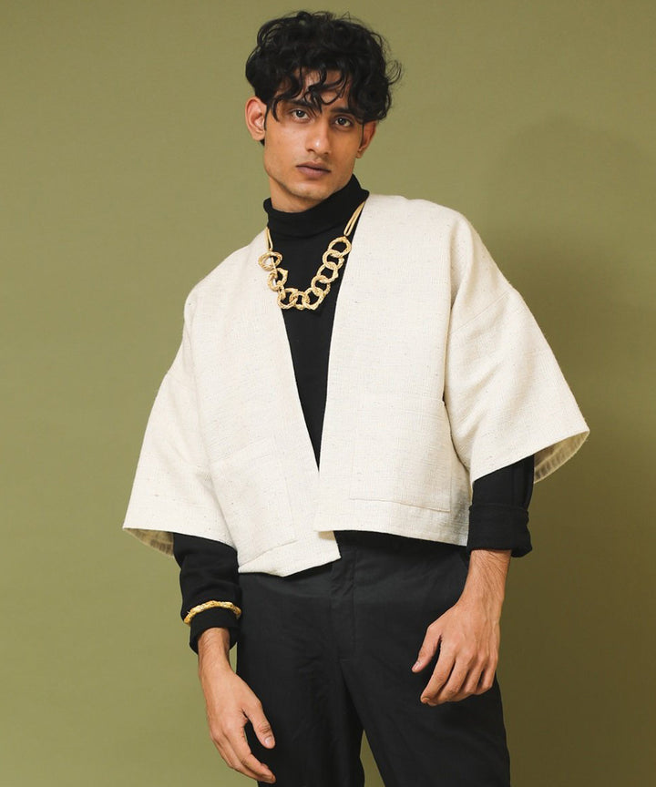 Offwhite handwoven unisex woollen jacket with pockets