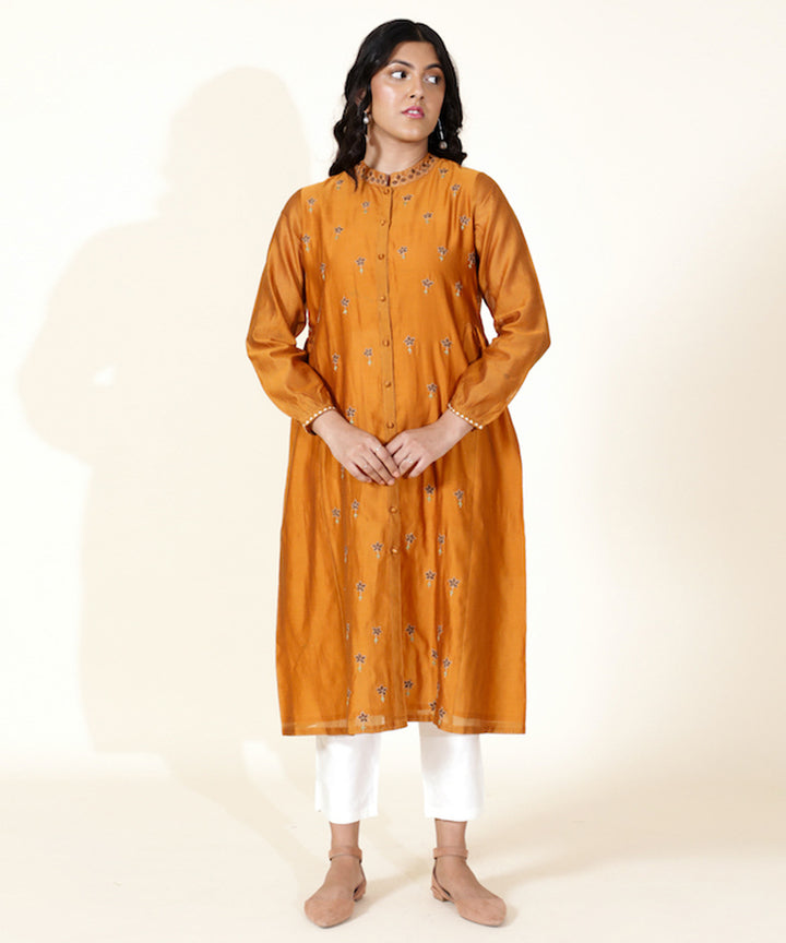 Mustard hand embroidered manderin collar chanderi cotton silk kurta
