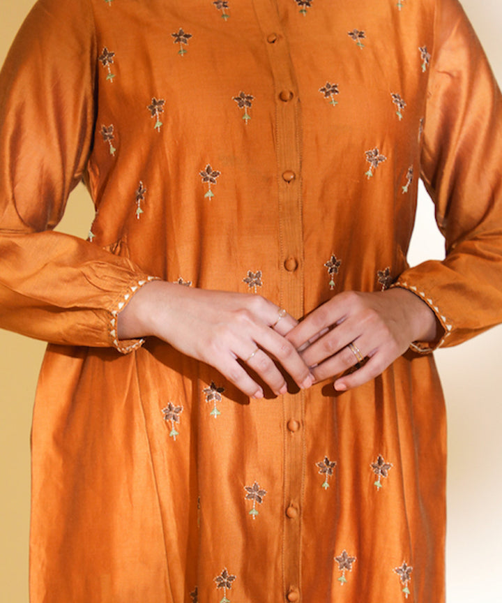 Mustard hand embroidered manderin collar chanderi cotton silk kurta