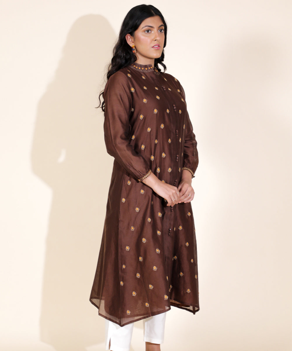 Brown hand embroidered round neck chanderi cotton silk kurta