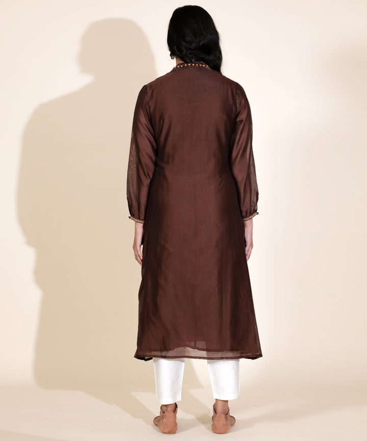 Brown hand embroidered round neck chanderi cotton silk kurta