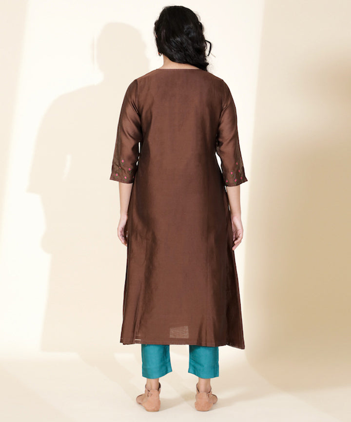 Brown hand embroidered chanderi cotton silk kurta
