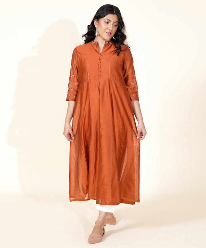 Orange hand embroidered mandarin collar chanderi cotton silk kurta