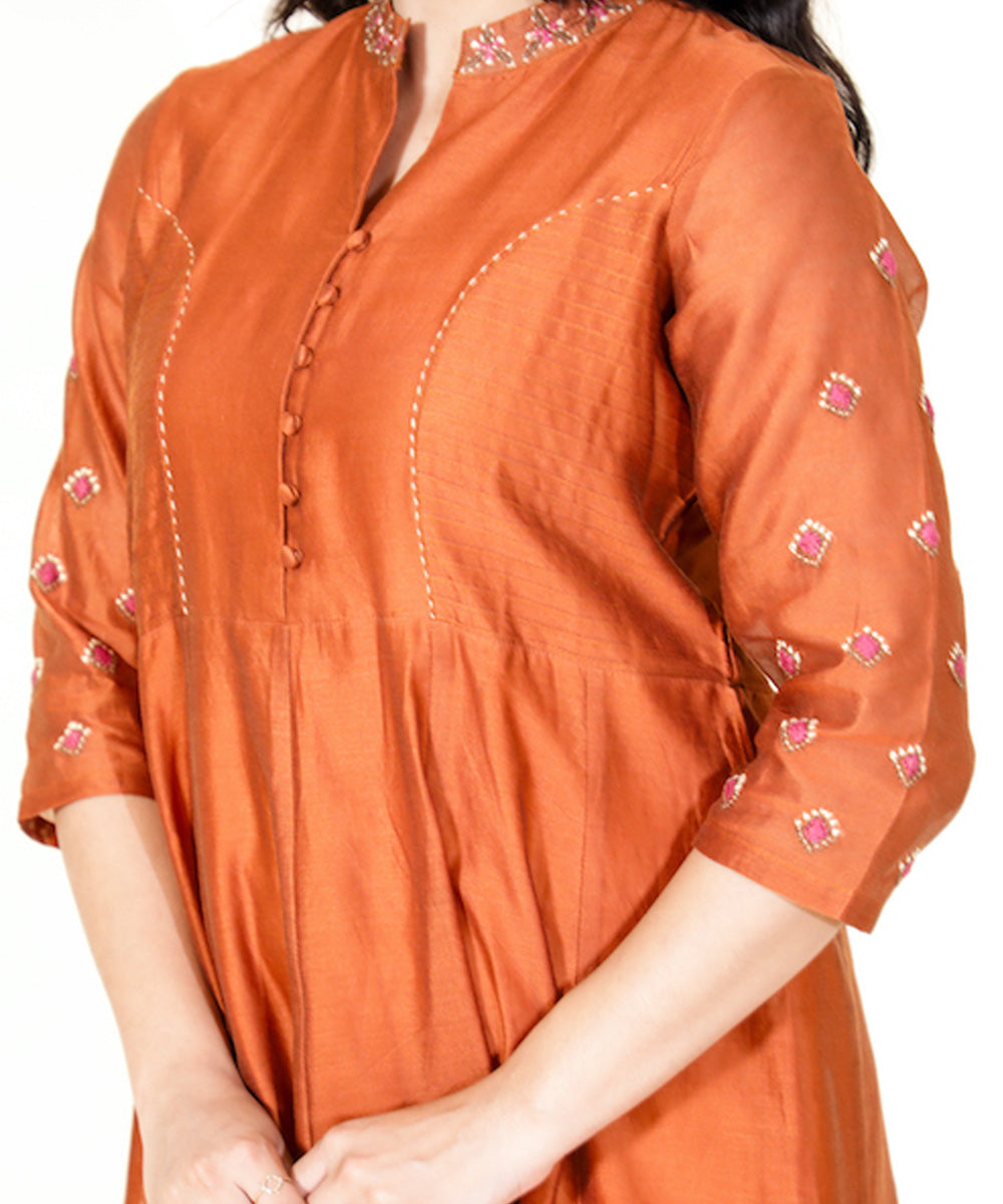 Orange hand embroidered mandarin collar chanderi cotton silk kurta