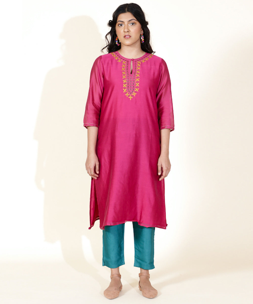 Pink hand embroidered round neck chanderi cotton silk kurta