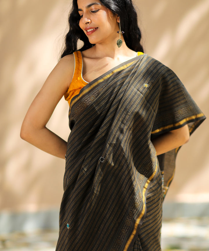 Brown cotton silk ajrakh block print and embroidery chanderi saree