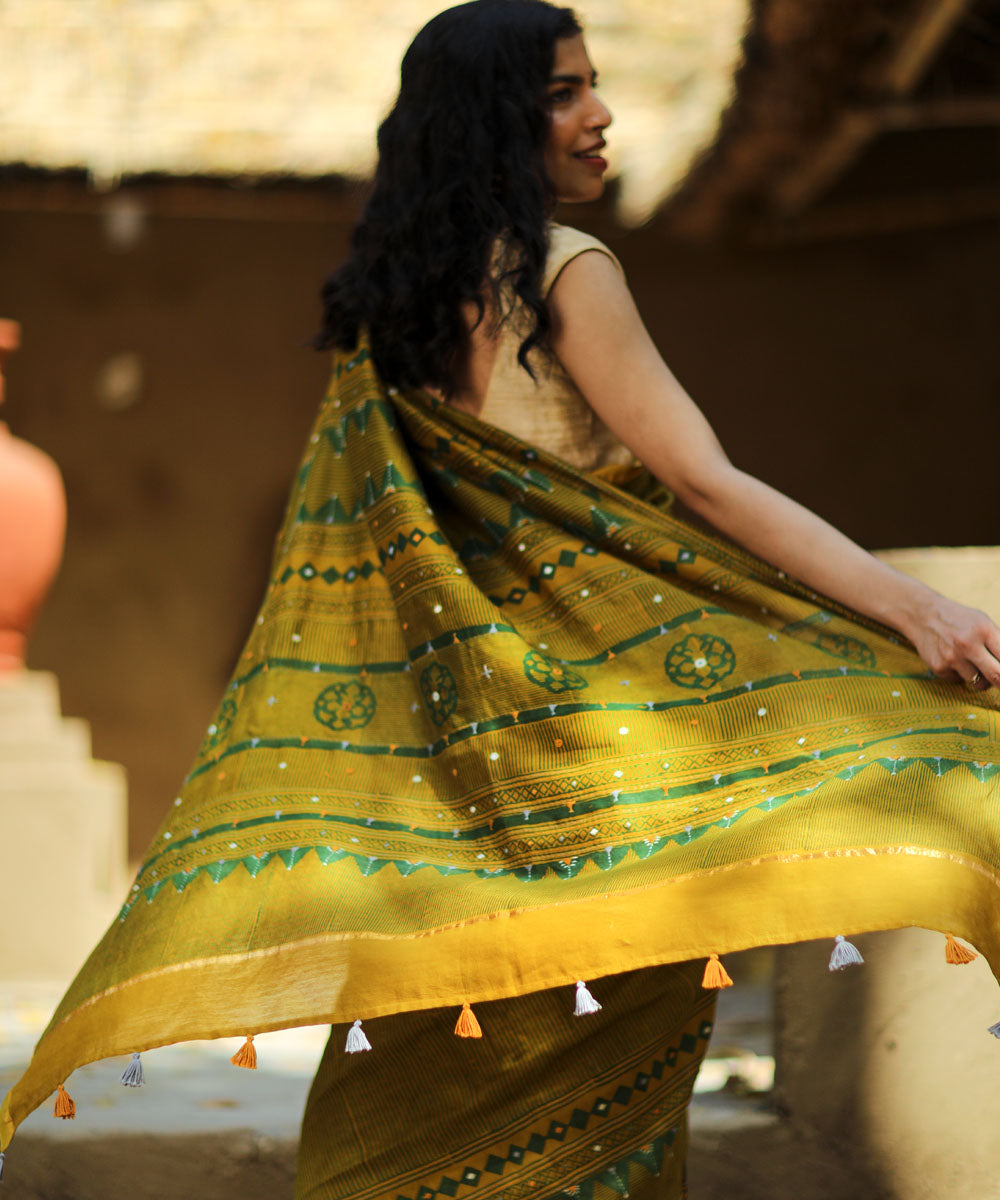 Mustard cotton silk ajrakh block print and embroidery chanderi saree