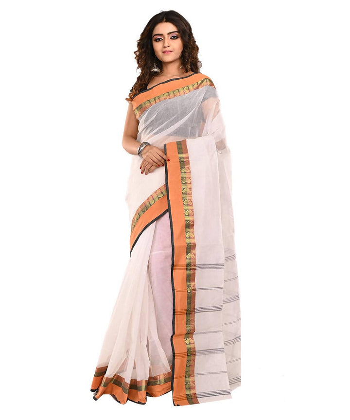 White Orange Bengal Handloom Cotton Saree
