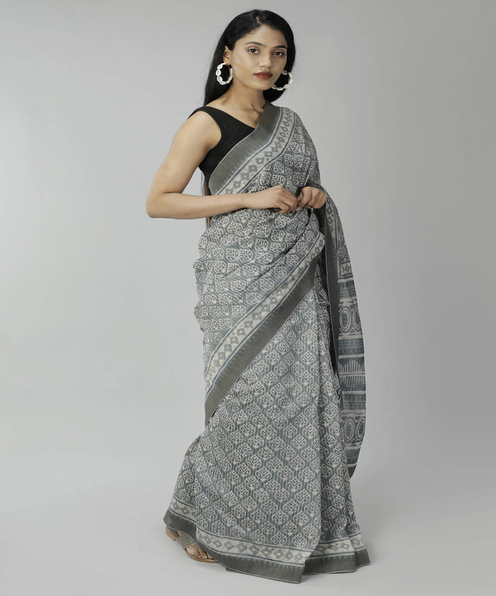 Dim grey bagru handblock printed cotton silk saree