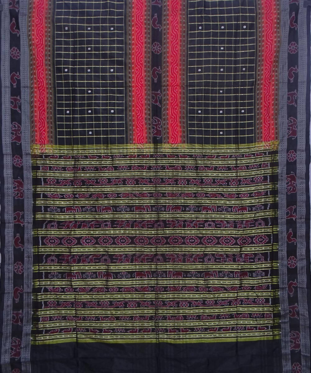 Handwoven red black checked sambalpuri silk saree