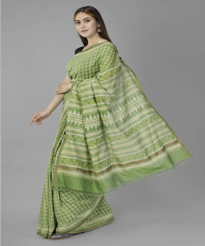 Green bagru handblock printed cotton silk saree