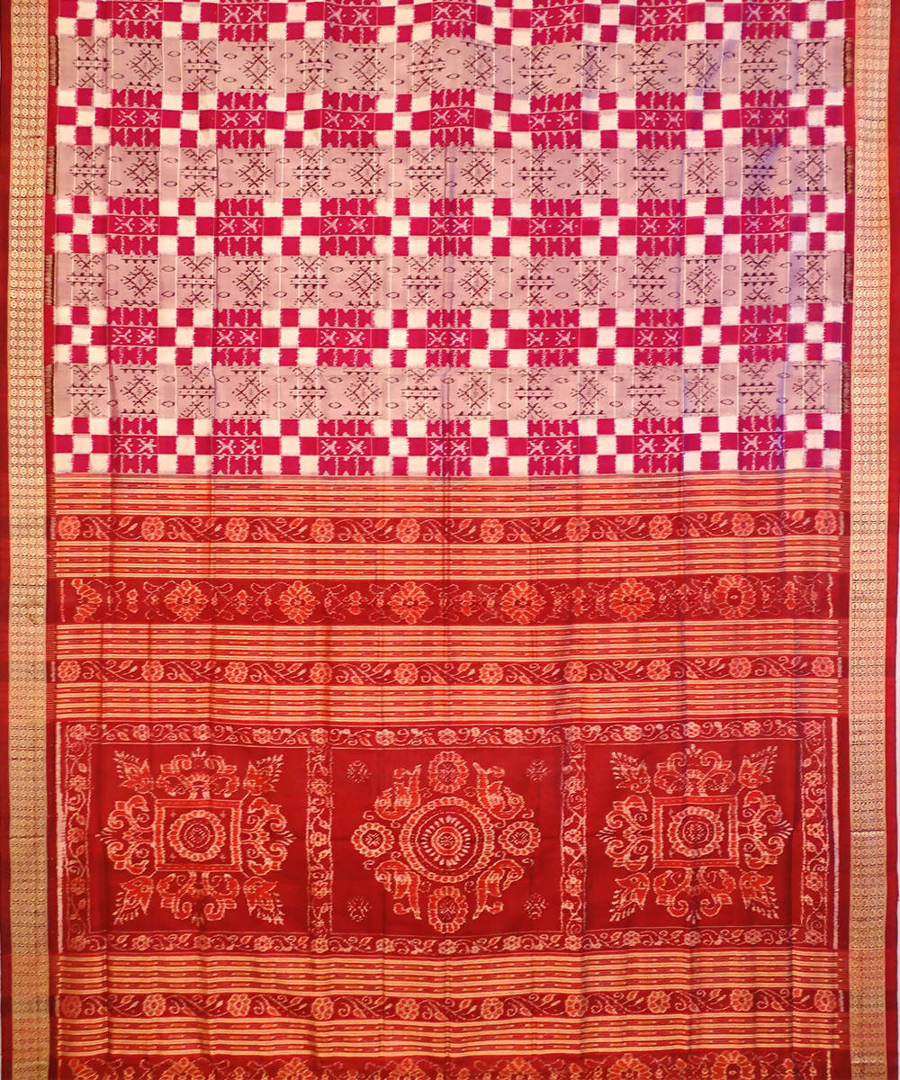 Magenta and maroon handwoven ikat silk bomkai saree