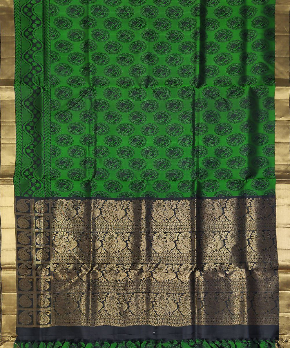 Black with green handloom soft silk peacock motifs saree