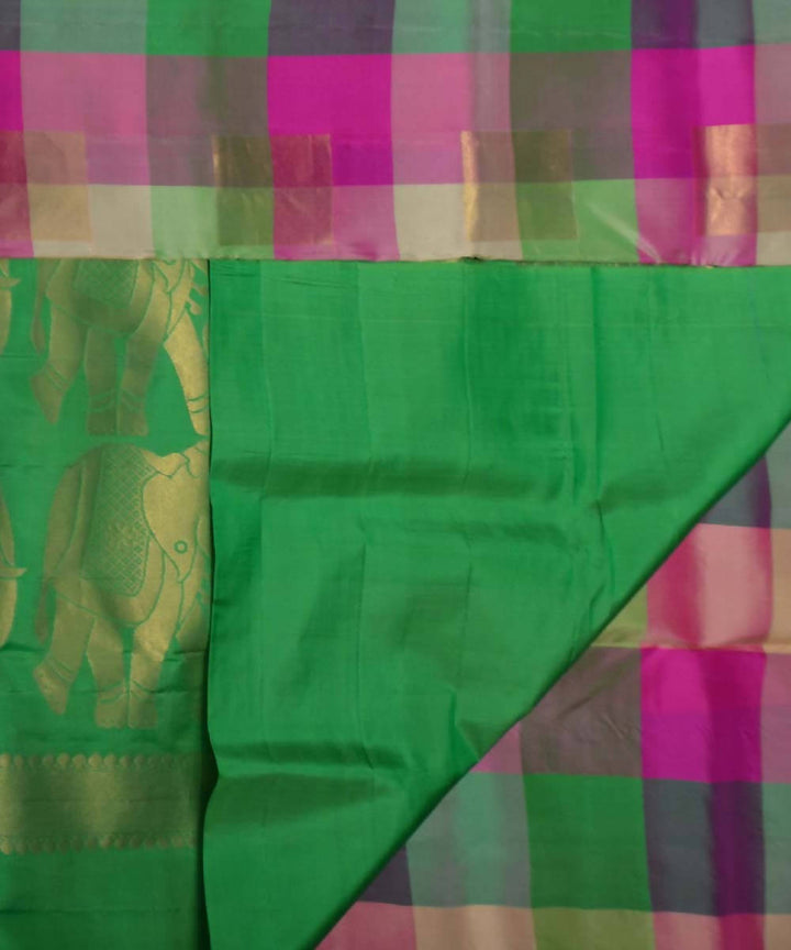 Fuchsia Green Checks Handloom Soft Silk Saree
